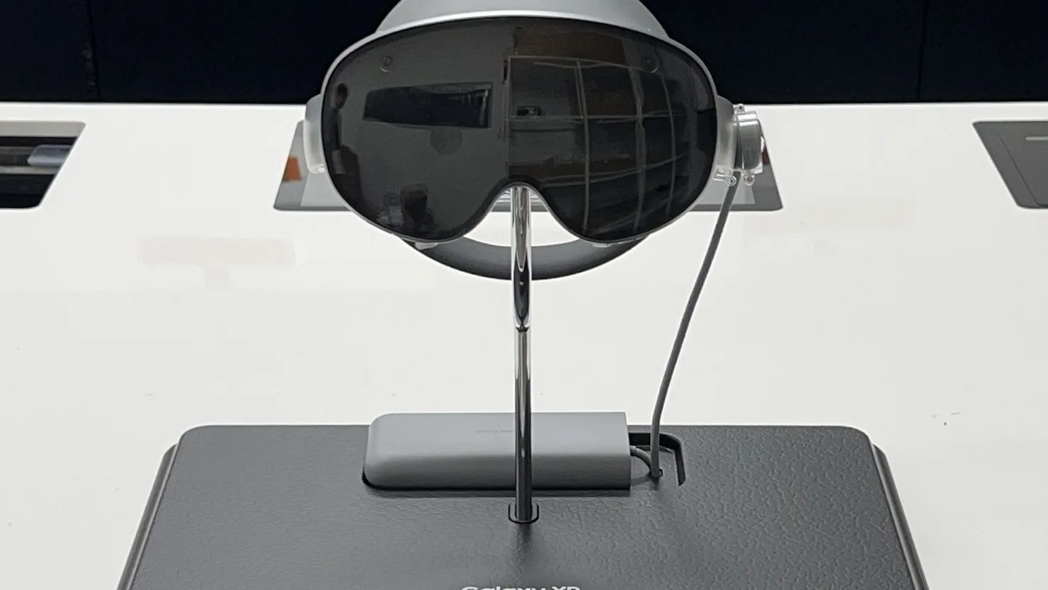 Galaxy XR headset on a stand above the mat system